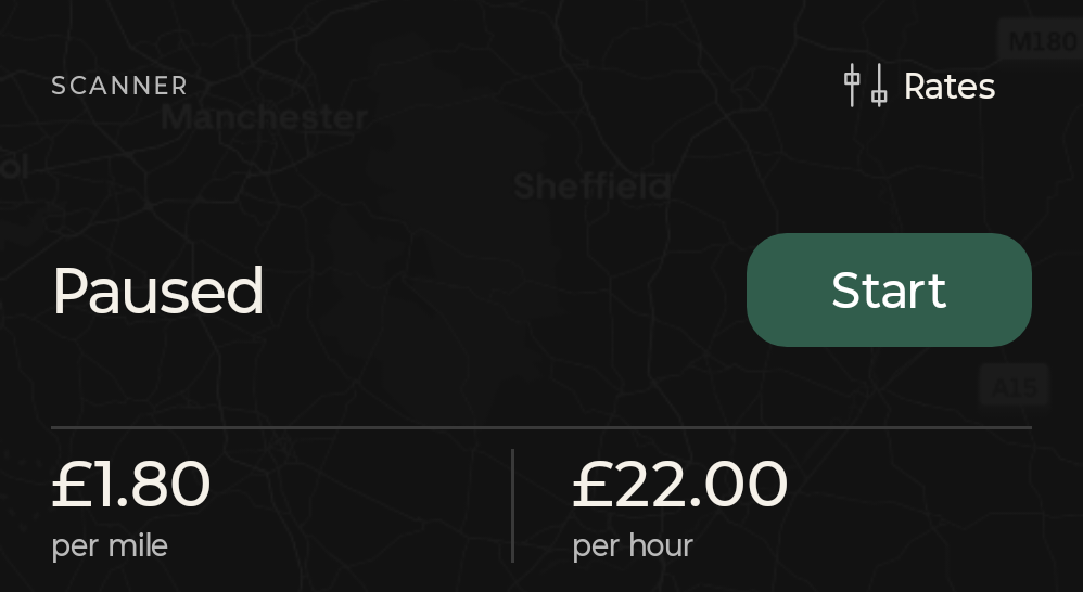FareSlate dark widget with the same controls and minimum rates.