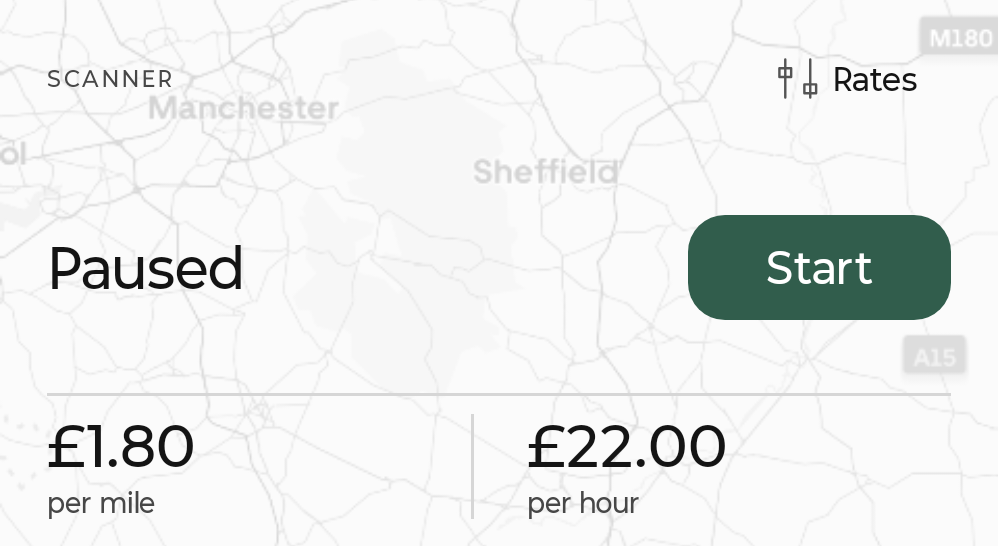 FareSlate light widget: Scanner, Rates, Paused, Start, £1.80 per mile and £22.00 per hour.
